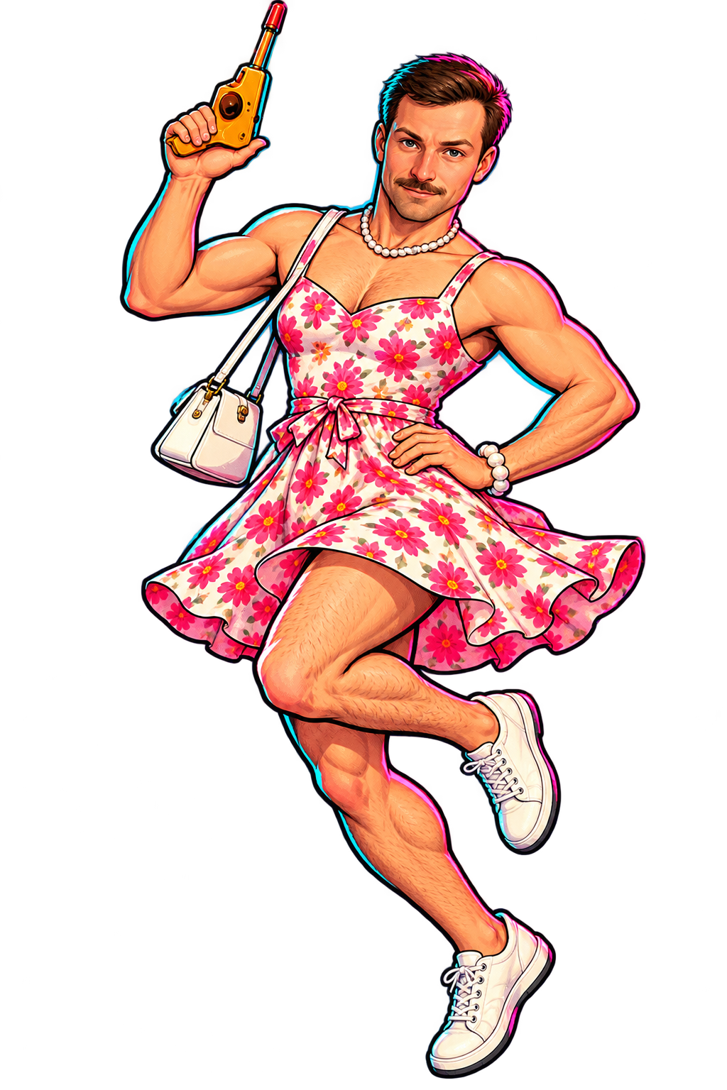 The Gym Dodger in a floral dress, ready to flee